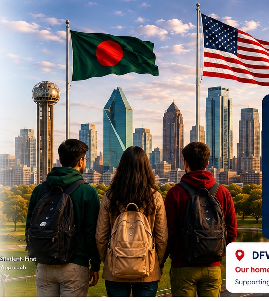 Bangladesh and U.S. flags with students and the Dallas skyline